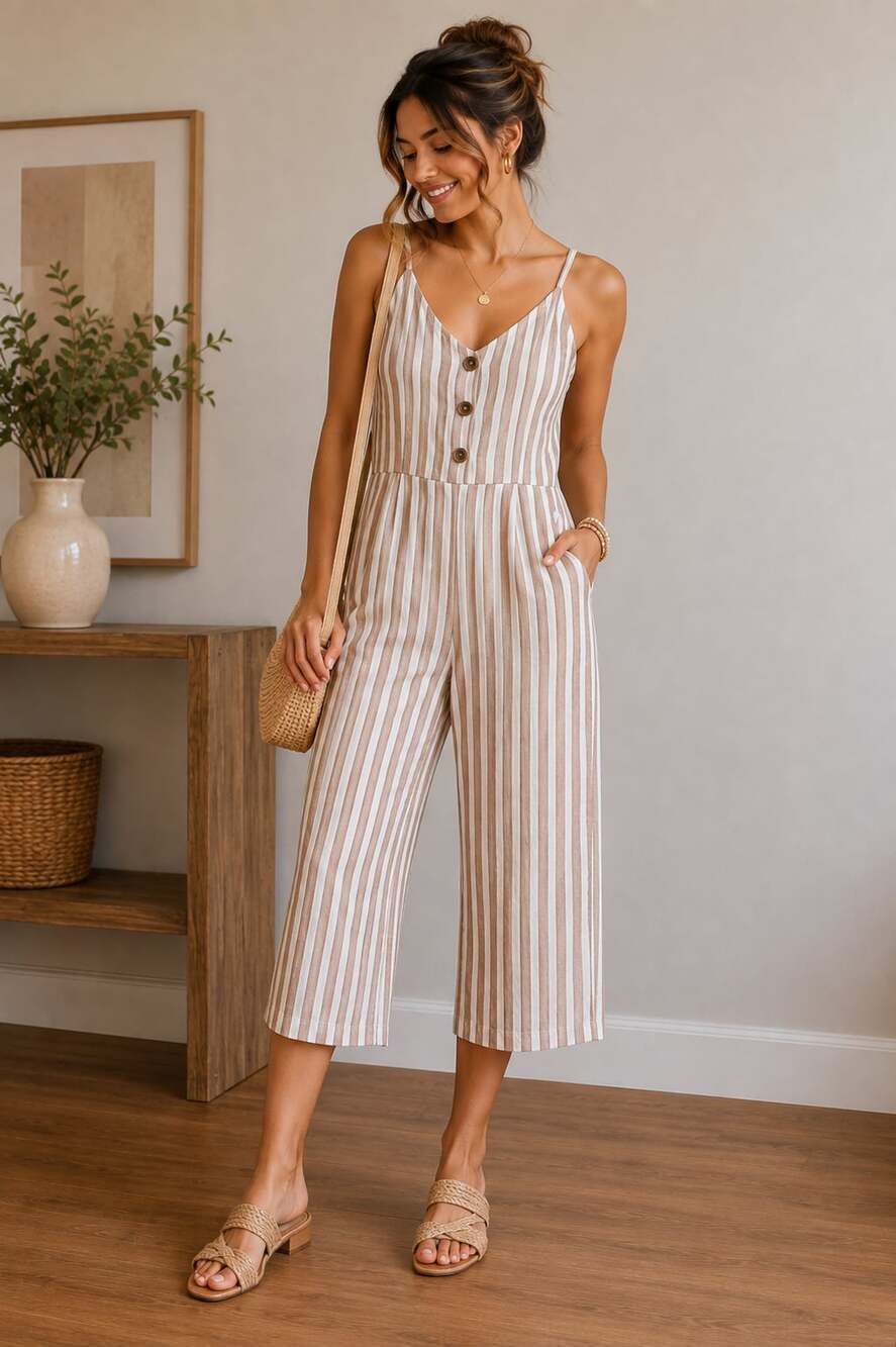 Universal Thread Striped Wide Leg Jumpsuit Brown White Button Front Fall Boho - Picture 2 of 7